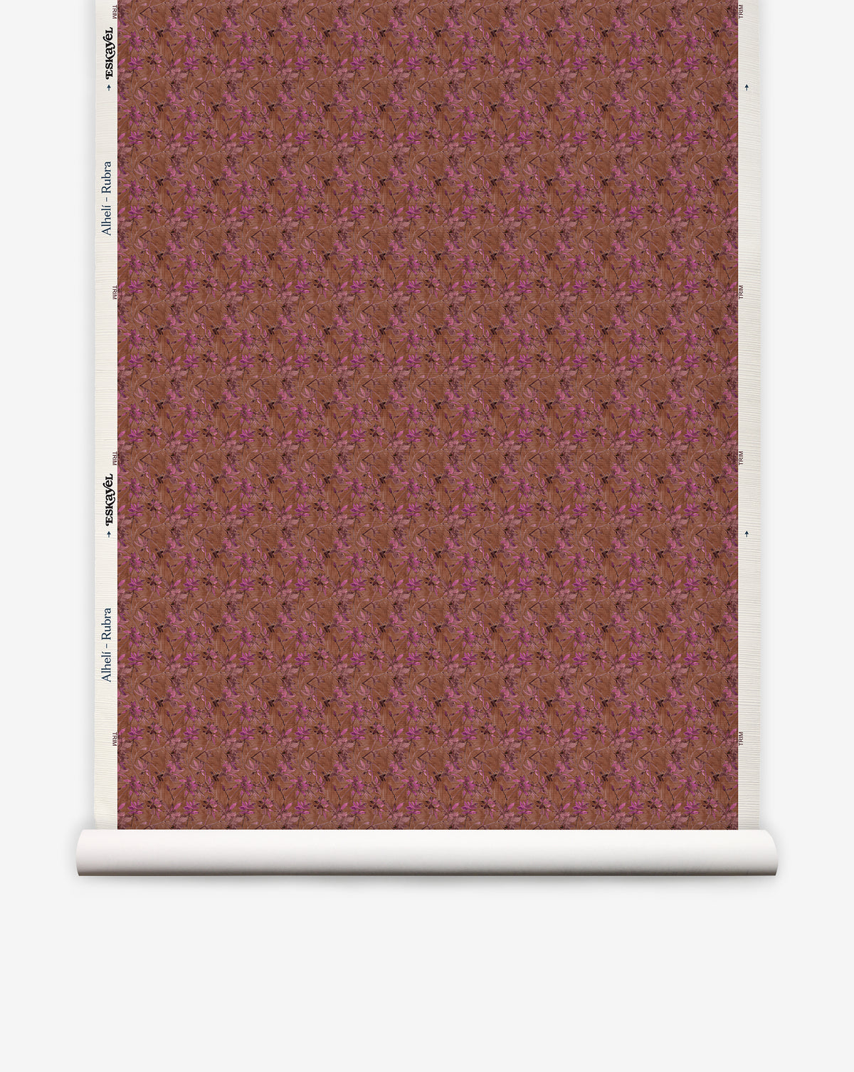 A roll of Alhelí Grasscloth||Rubra eco-friendly wallpaper featuring a deep brown and magenta floral pattern on a textured background.