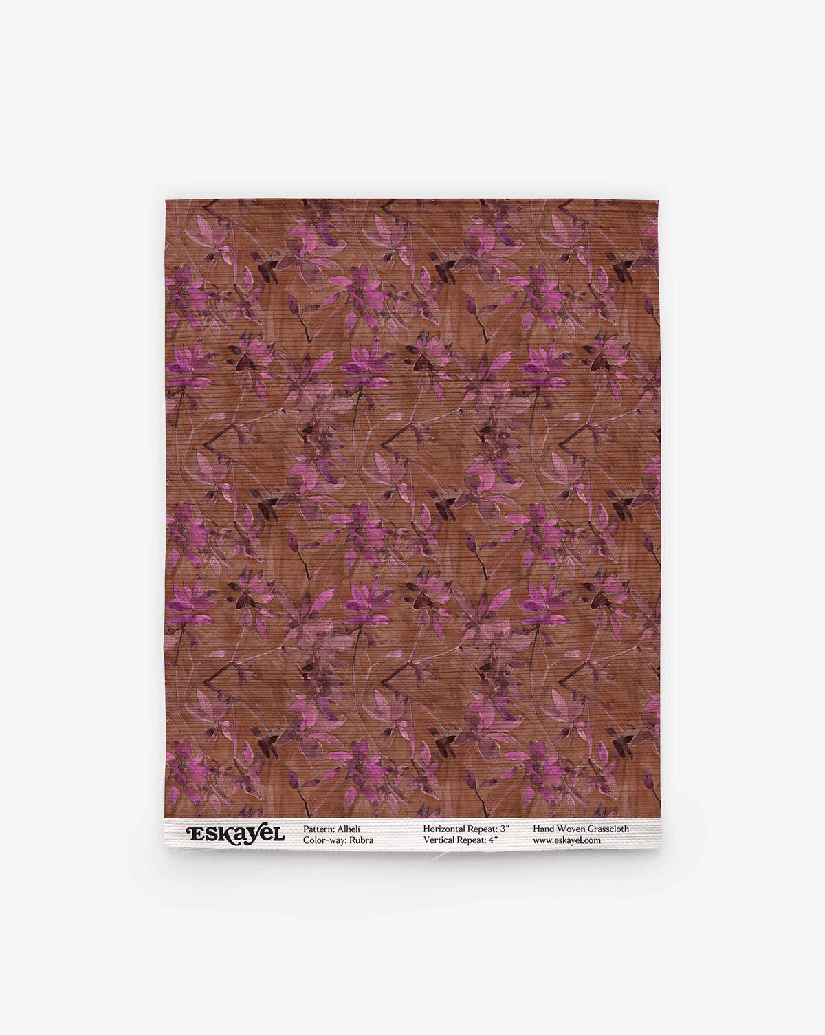 Alhelí Grasscloth||Rubra wallpaper featuring a repeating pattern of magenta flowers and brown stems on a textured, horizontal-striped brown background.