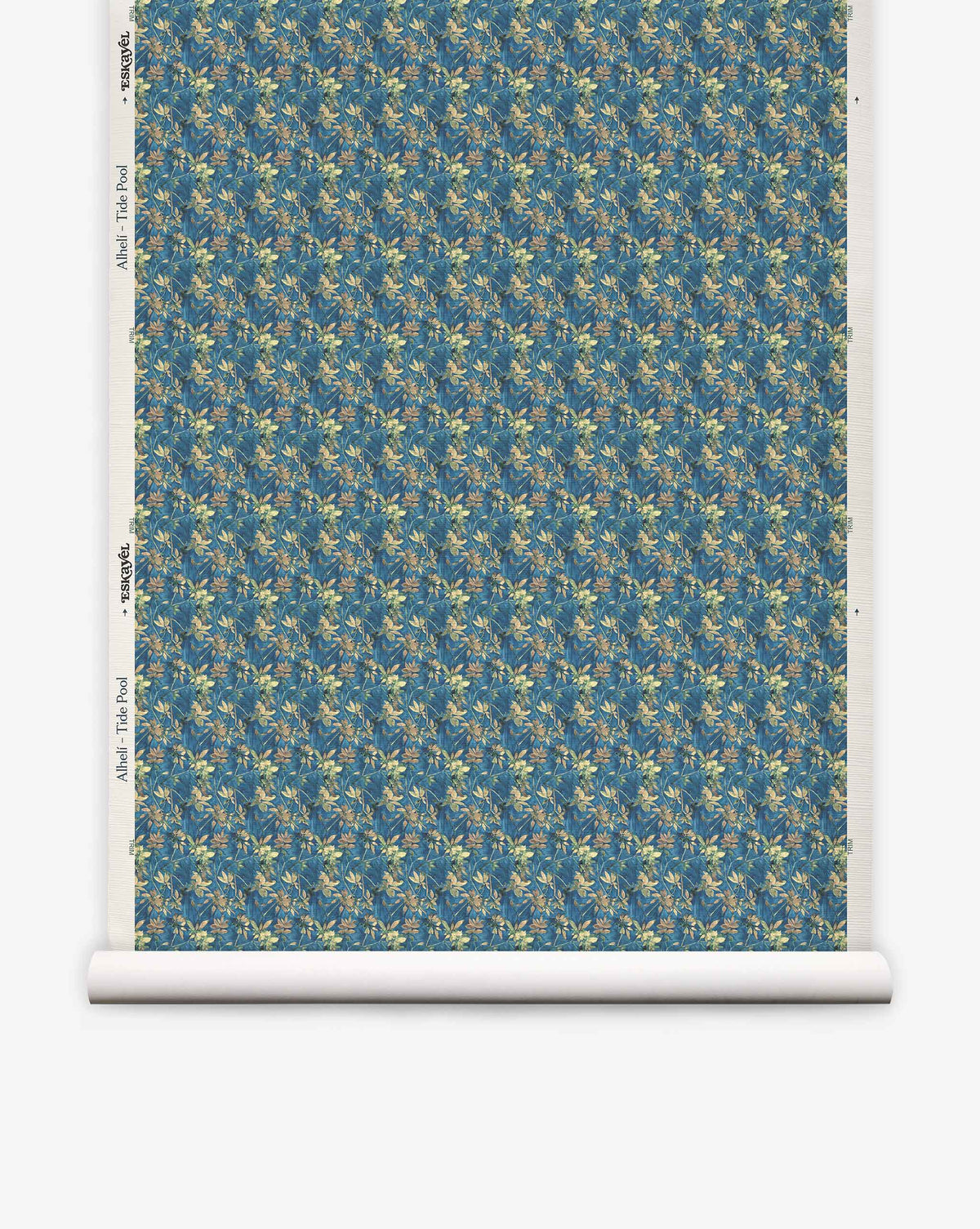 A bolt of Alhelí Grasscloth in Tide Pool, featuring a dense, botanical pattern of yellow flowers and blue-green foliage on a dark blue background.