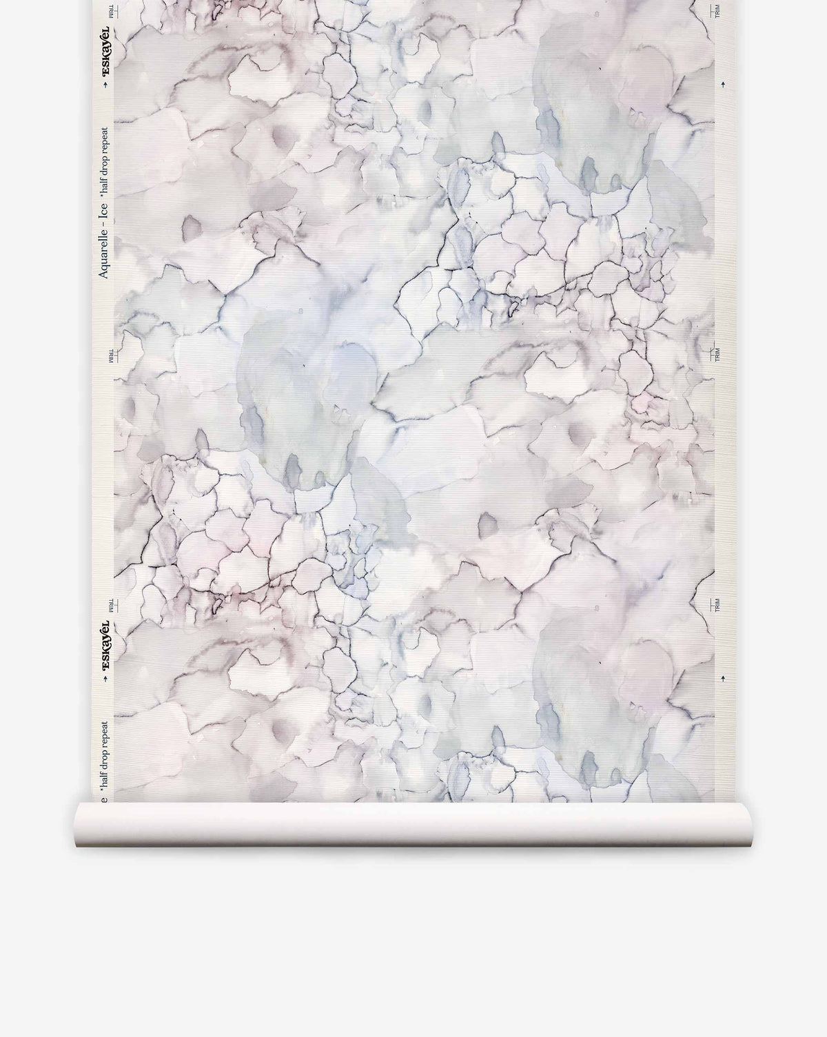 A roll of eco-friendly Aquarelle Grasscloth||Ice wallpaper featuring an abstract, crackled pattern of light blue and grey shapes.