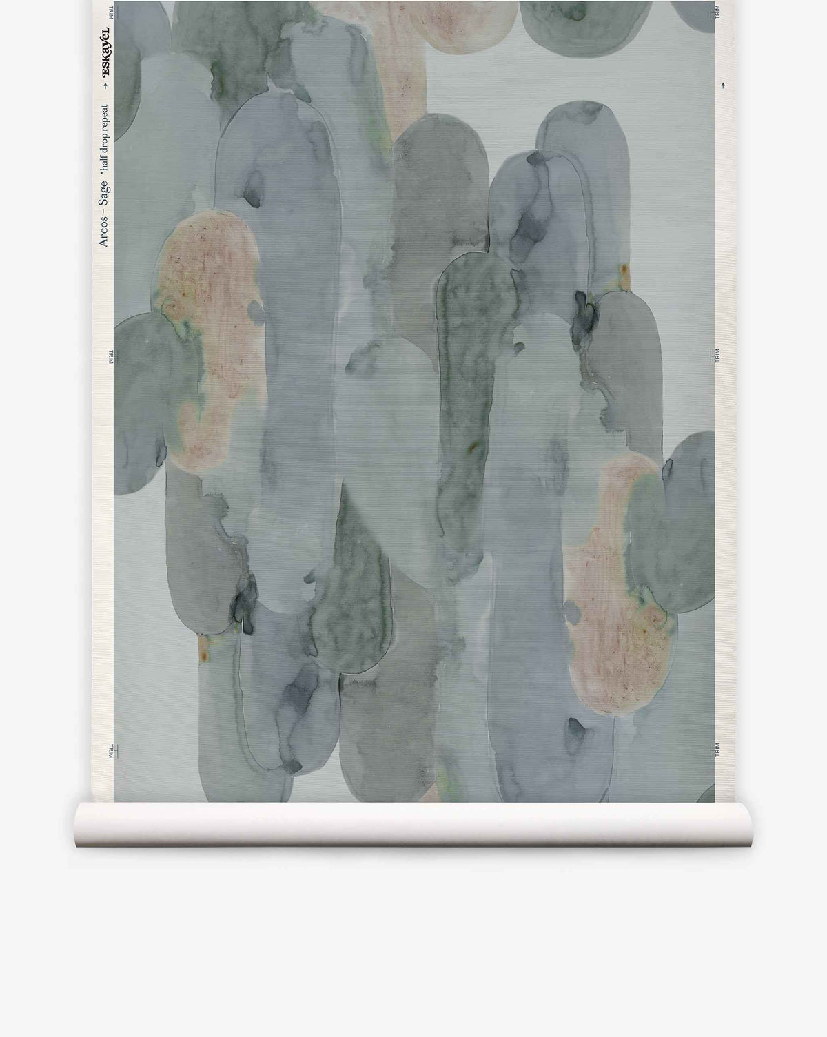 Arcos Grasscloth||Sage wallpaper roll showcases a watercolor-style, hand-painted design with abstract, overlapping shapes in muted green, blue, and beige tones. Displayed upright against a plain background, it offers a nature-inspired look for your space.