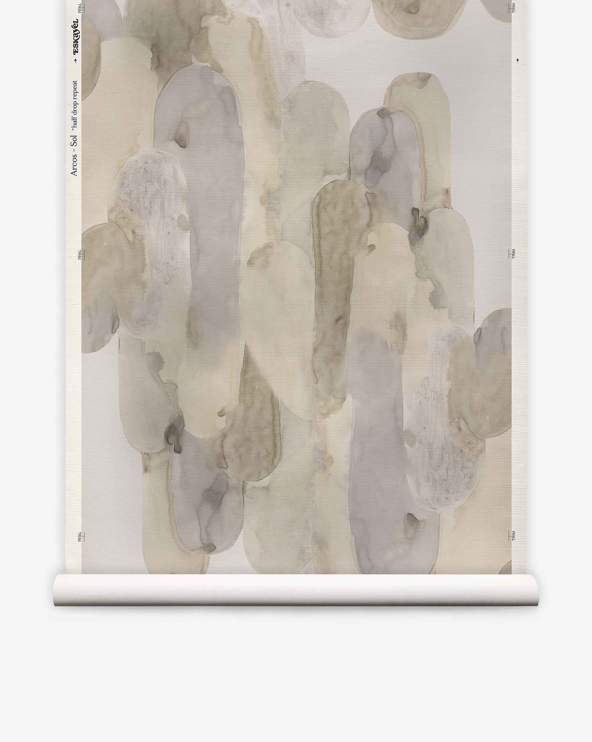 Arcos Grasscloth||Sol is a rolled-up wallpaper featuring an abstract, nature-inspired watercolor pattern in muted gray, beige, and taupe tones set against a crisp white background.