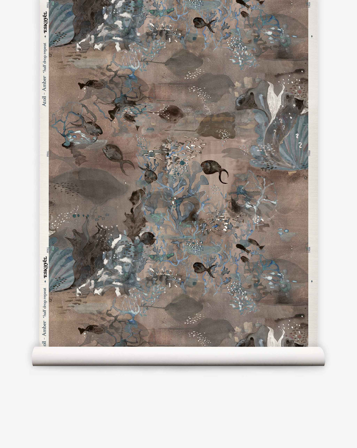 Bring a tranquil ambiance to your space with the Atoll Grasscloth||Amber wallpaper roll, featuring an abstract underwater scene with fish, seaweed, and muted blue and brown tones. This ocean-inspired design combines a hand-painted style with elegant artistic flair, adding depth and sophistication to your décor.