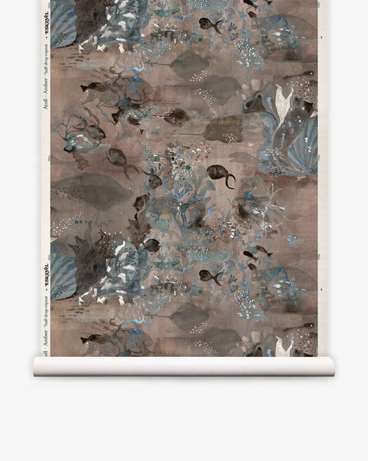 Bring a tranquil ambiance to your space with the Atoll Grasscloth||Amber wallpaper roll, featuring an abstract underwater scene with fish, seaweed, and muted blue and brown tones. This ocean-inspired design combines a hand-painted style with elegant artistic flair, adding depth and sophistication to your décor.