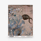 Abstract pattern featuring a dark fish shape swimming among blue and brown aquatic plants on a textured background. Text at the bottom displays details such as pattern, color, repeat, and brand, specific to the Atoll Grasscloth Sample in Amber. Perfect for those interested in ordering sample swatches of Atoll Grasscloth Sample || Amber before making a final decision.