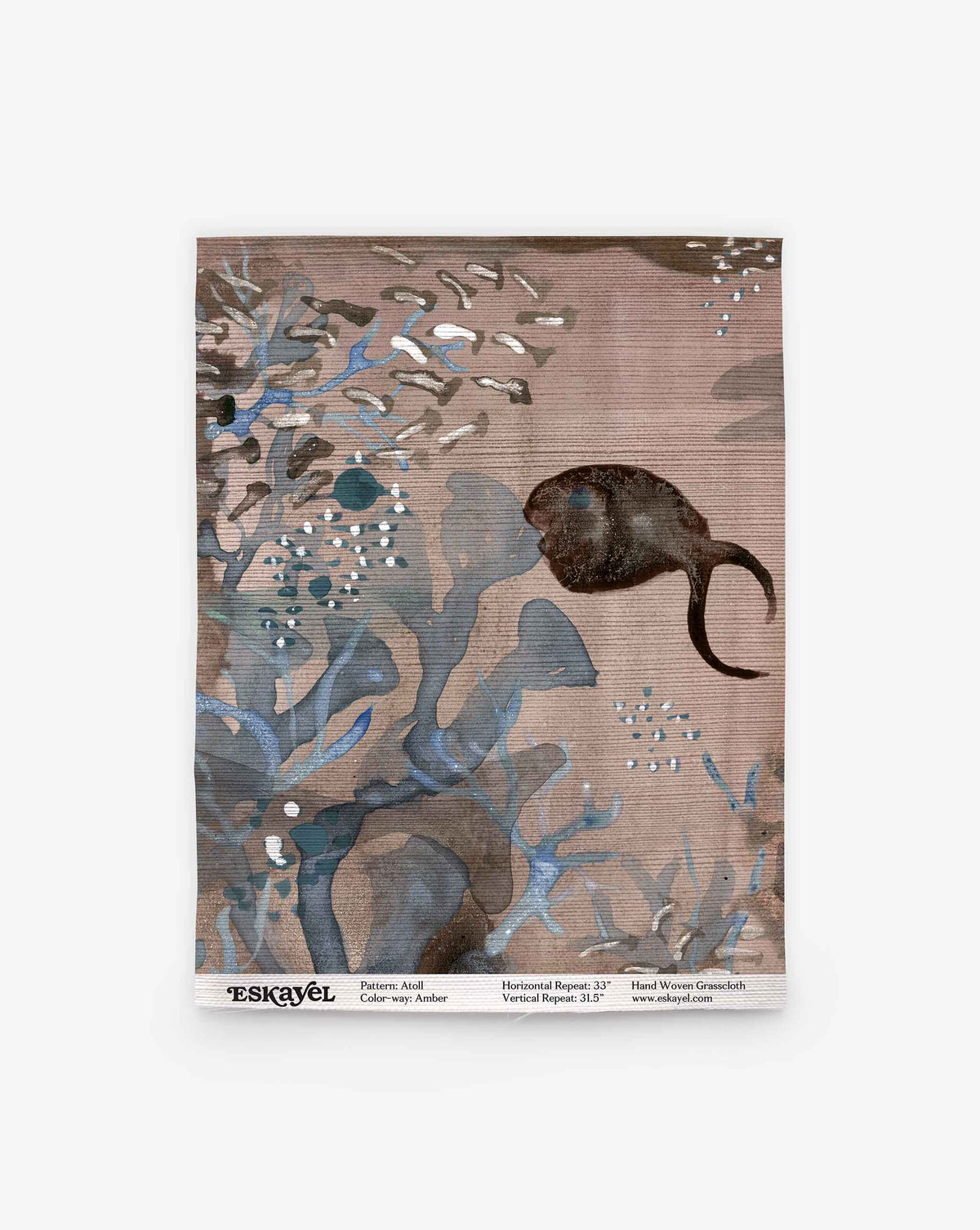 Abstract pattern featuring a dark fish shape swimming among blue and brown aquatic plants on a textured background. Text at the bottom displays details such as pattern, color, repeat, and brand, specific to the Atoll Grasscloth Sample in Amber. Perfect for those interested in ordering sample swatches of Atoll Grasscloth Sample || Amber before making a final decision.