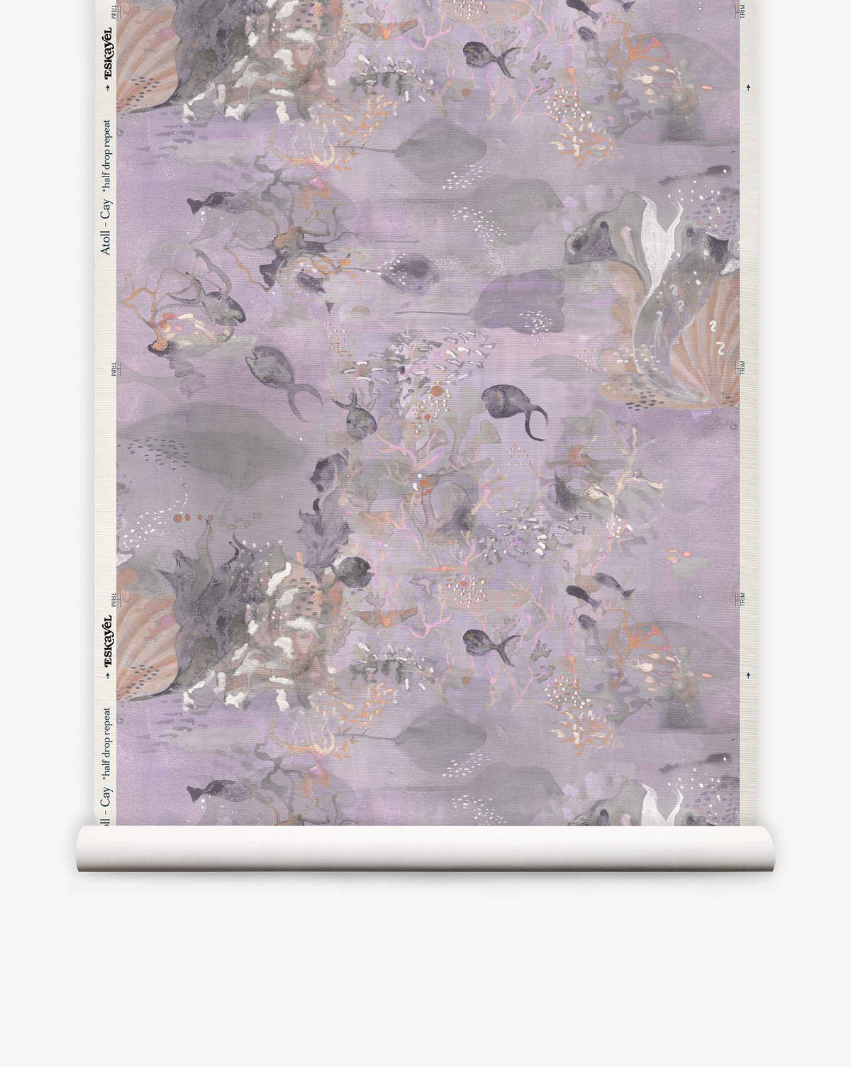 Atoll Grasscloth||Cay is a roll of wallpaper featuring a watercolor design with sea creatures, fish, coral, and abstract shapes in muted purple and gray tones—an ocean-inspired decor accent that brings subtle coastal beauty to any space.