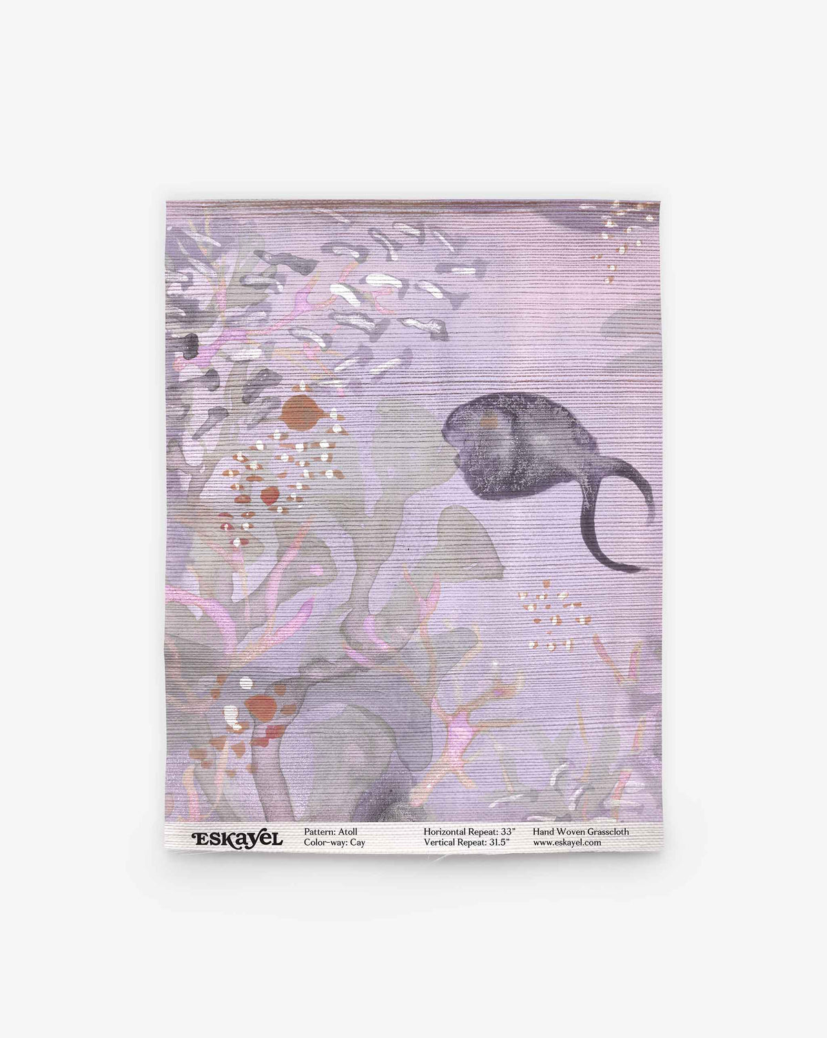 Experience the Atoll Grasscloth Sample in Cay, featuring a muted purple underwater scene with a dark fish, seaweed, and coral designed by Eskayel. Order a sample to see this unique design firsthand.