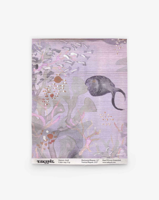 Experience the Atoll Grasscloth Sample in Cay, featuring a muted purple underwater scene with a dark fish, seaweed, and coral designed by Eskayel. Order a sample to see this unique design firsthand.