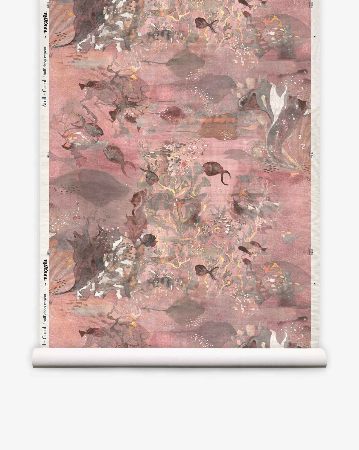 A roll of Atoll Grasscloth||Coral wallpaper featuring hand-painted, abstract watercolor patterns in pink, brown, and muted tones with swirling shapes and floral elements.