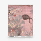A coral pink-toned Atoll Grasscloth Sample features abstract botanical shapes and a dark fish swimming to the right, with the product label visible at the bottom. Order a sample to experience this unique design firsthand.