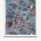Introducing Atoll Grasscloth||Ocean: a hand-painted grasscloth wallpaper roll showcasing a watercolor-inspired underwater scene filled with fish, coral, seaweed, and bubbles in elegant shades of blue, red, and gray.