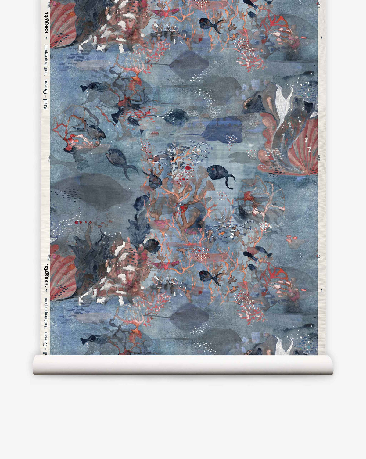 Introducing Atoll Grasscloth||Ocean: a hand-painted grasscloth wallpaper roll showcasing a watercolor-inspired underwater scene filled with fish, coral, seaweed, and bubbles in elegant shades of blue, red, and gray.