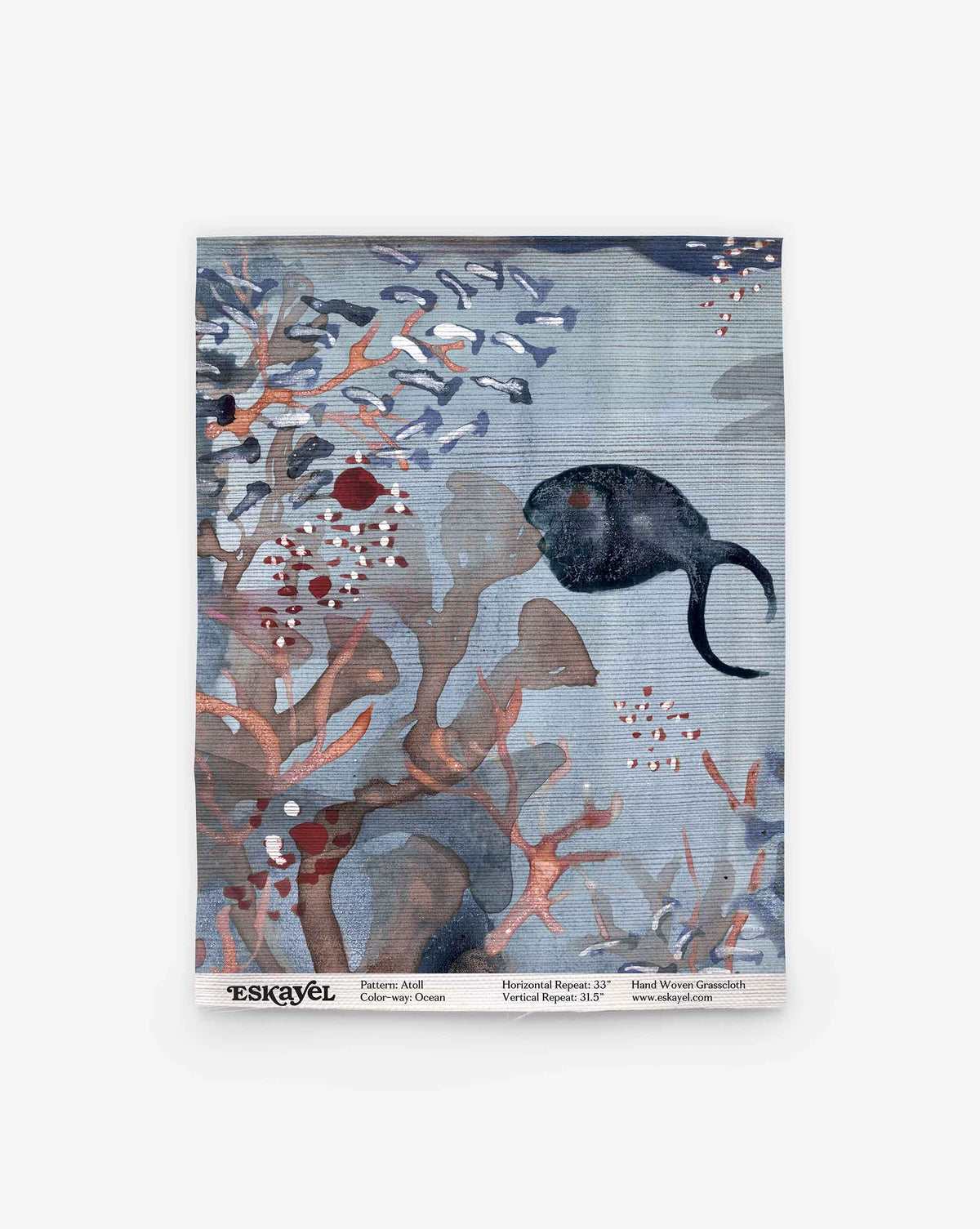 A patterned textile—Atoll Grasscloth Sample||Ocean—features abstract fish, coral, and seaweed motifs in muted blue, gray, and reddish tones, with product information text at the bottom. Order a sample to experience the unique design and subtle color palette of Atoll Grasscloth Sample||Ocean firsthand.