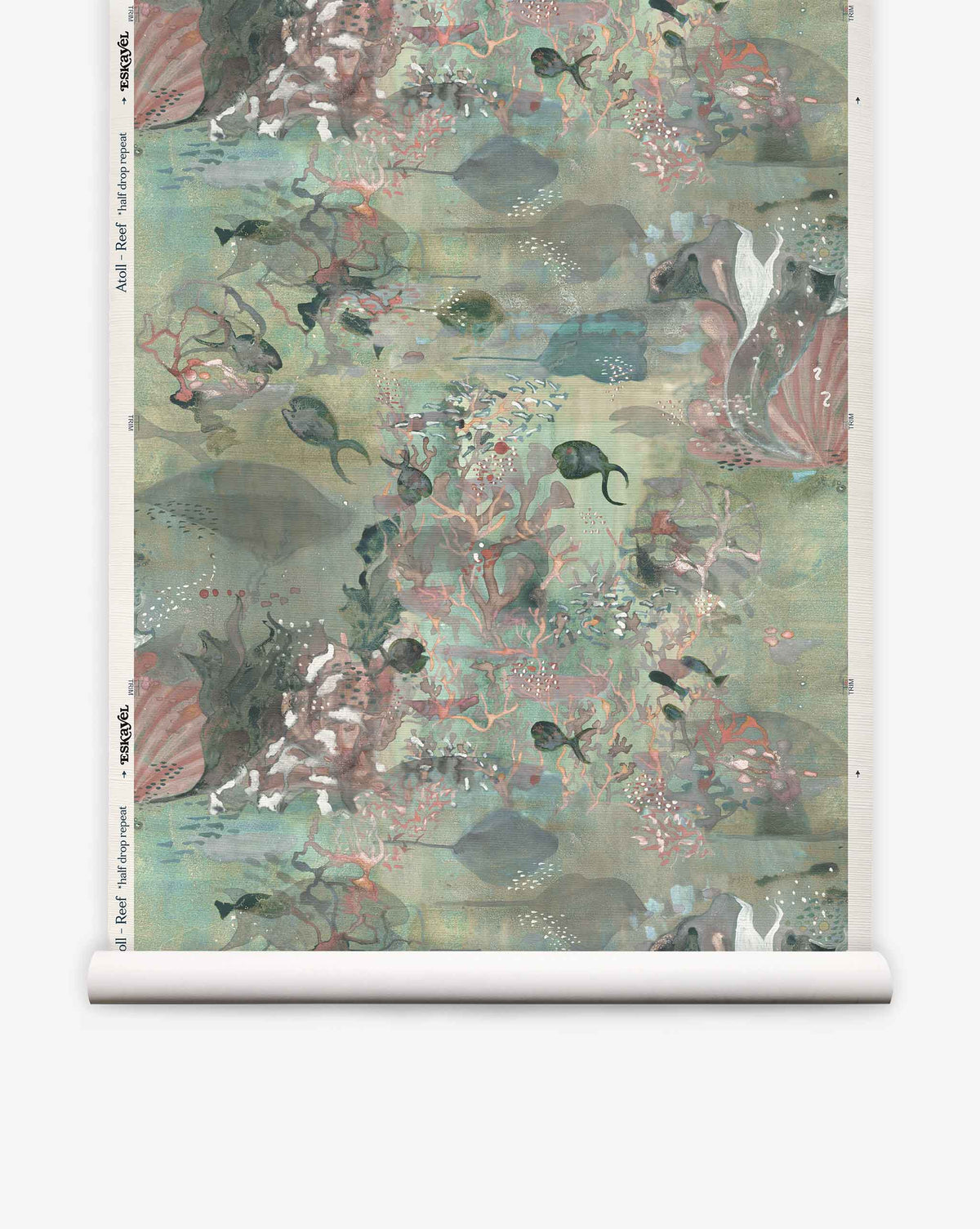 Atoll Grasscloth||Reef is a roll of grasscloth wallpaper that showcases an elegant ocean-inspired design, featuring watercolor-style fish, seaweed, and coral in muted pastel colors.