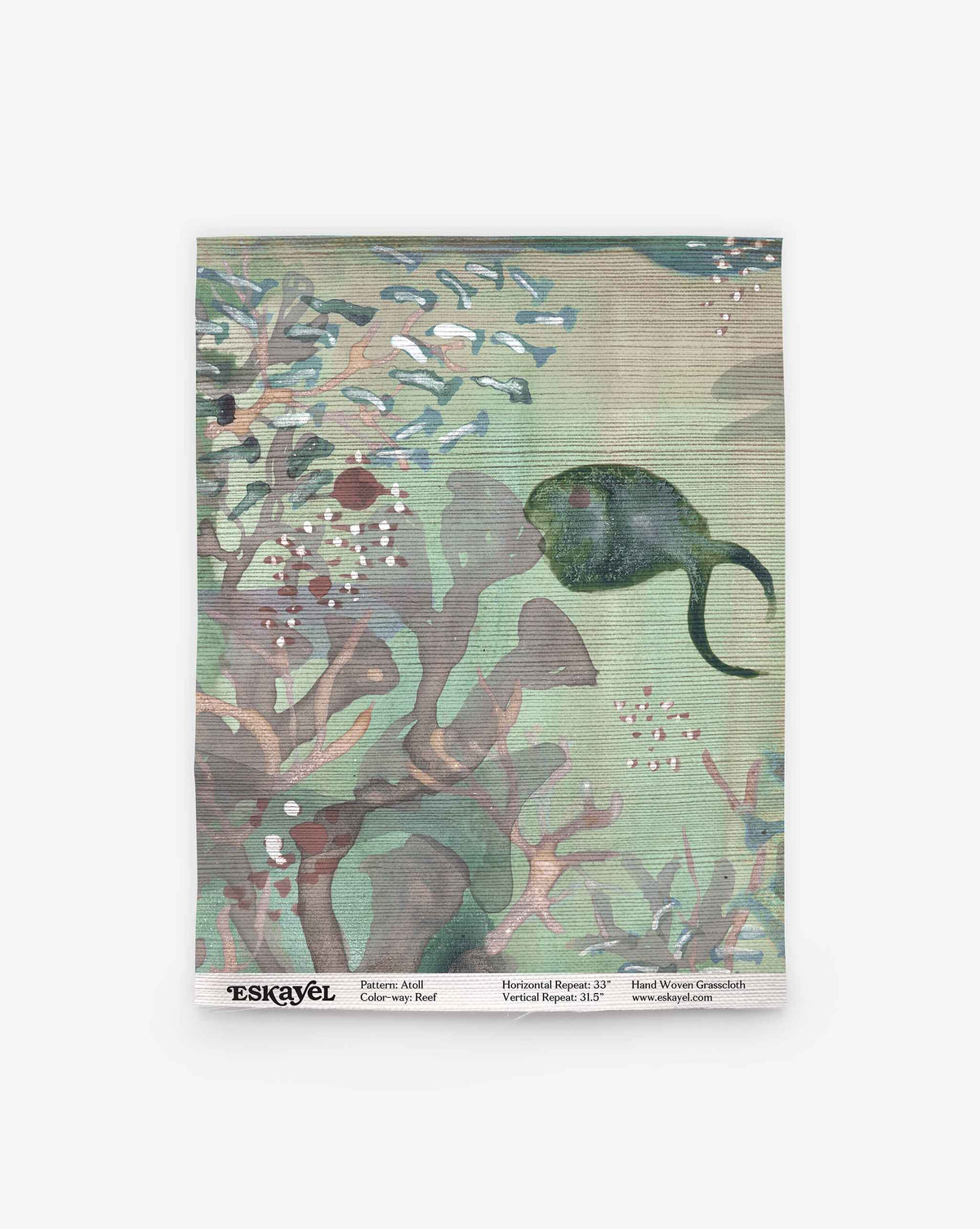 An artistic illustration from the Atoll Grasscloth Sample in the Reef design showcases a dark fish swimming among underwater plants and coral, with small light blue fish in the background. Featuring muted pastel colors and a textured overlay, this sample is perfect for those seeking unique aquatic-inspired artwork.
