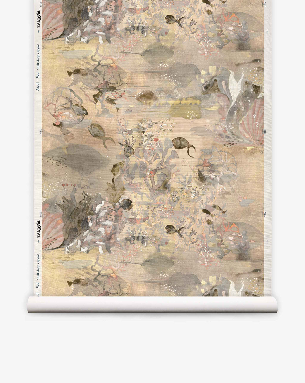 A roll of Atoll Grasscloth||Sol wallpaper featuring a hand-painted, watercolor-style underwater scene with fish, delicate coral patterns, and muted pastel colors.
