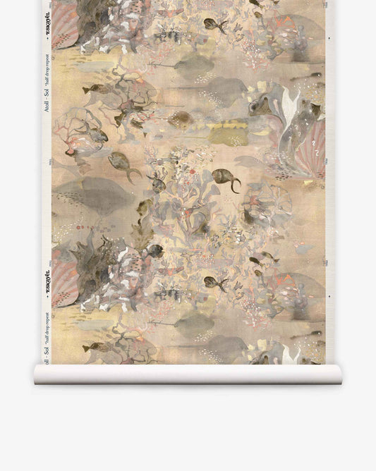 A roll of Atoll Grasscloth||Sol wallpaper featuring a hand-painted, watercolor-style underwater scene with fish, delicate coral patterns, and muted pastel colors.