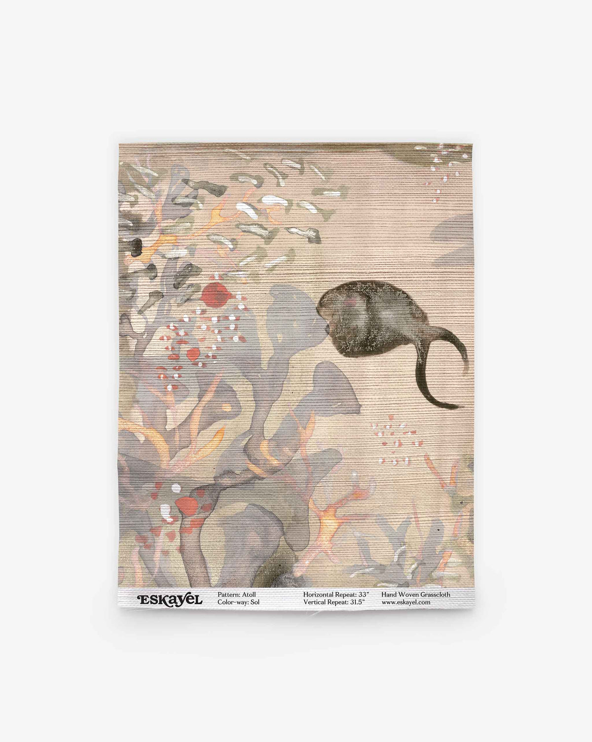A sample of Atoll Grasscloth in the Sol pattern showcases abstract botanical motifs in muted tones, highlighted by a dark, rounded animal form in the upper right quadrant. The bottom features text identifying the pattern and maker—an ideal inspiration as you browse or order an Atoll Grasscloth Sample for your next project.
