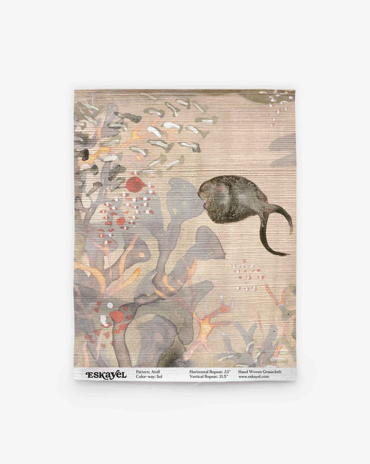 A sample of Atoll Grasscloth in the Sol pattern showcases abstract botanical motifs in muted tones, highlighted by a dark, rounded animal form in the upper right quadrant. The bottom features text identifying the pattern and maker—an ideal inspiration as you browse or order an Atoll Grasscloth Sample for your next project.