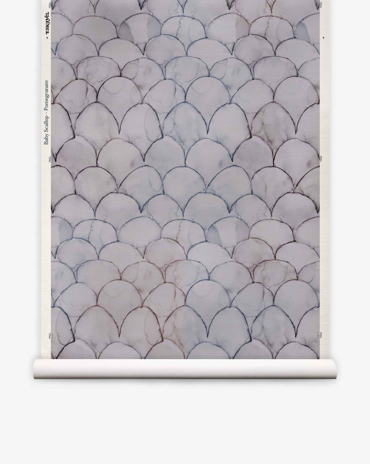 Baby Scallop Grasscloth||Pomegranate features a repeating scallop pattern in blue and gray, blending geometric motifs that evoke fish scales or overlapping fans.