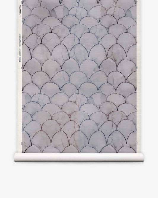 Baby Scallop Grasscloth||Pomegranate features a repeating scallop pattern in blue and gray, blending geometric motifs that evoke fish scales or overlapping fans.