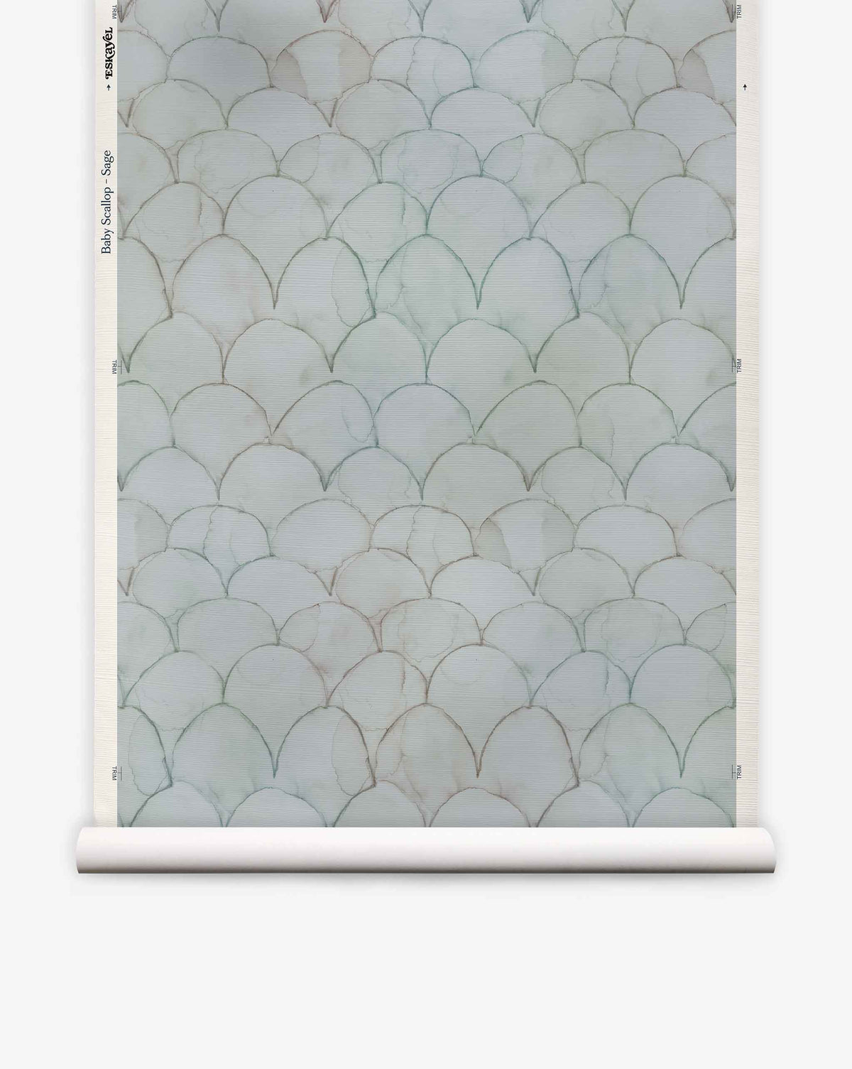 Baby Scallop Grasscloth||Sage wallpaper features a repeating scallop pattern in light green and gray with subtle geometric details on a white background.