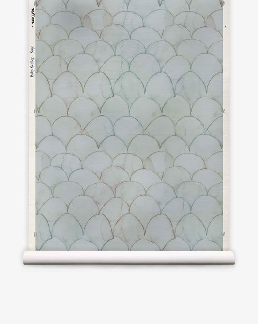 Baby Scallop Grasscloth||Sage wallpaper features a repeating scallop pattern in light green and gray with subtle geometric details on a white background.