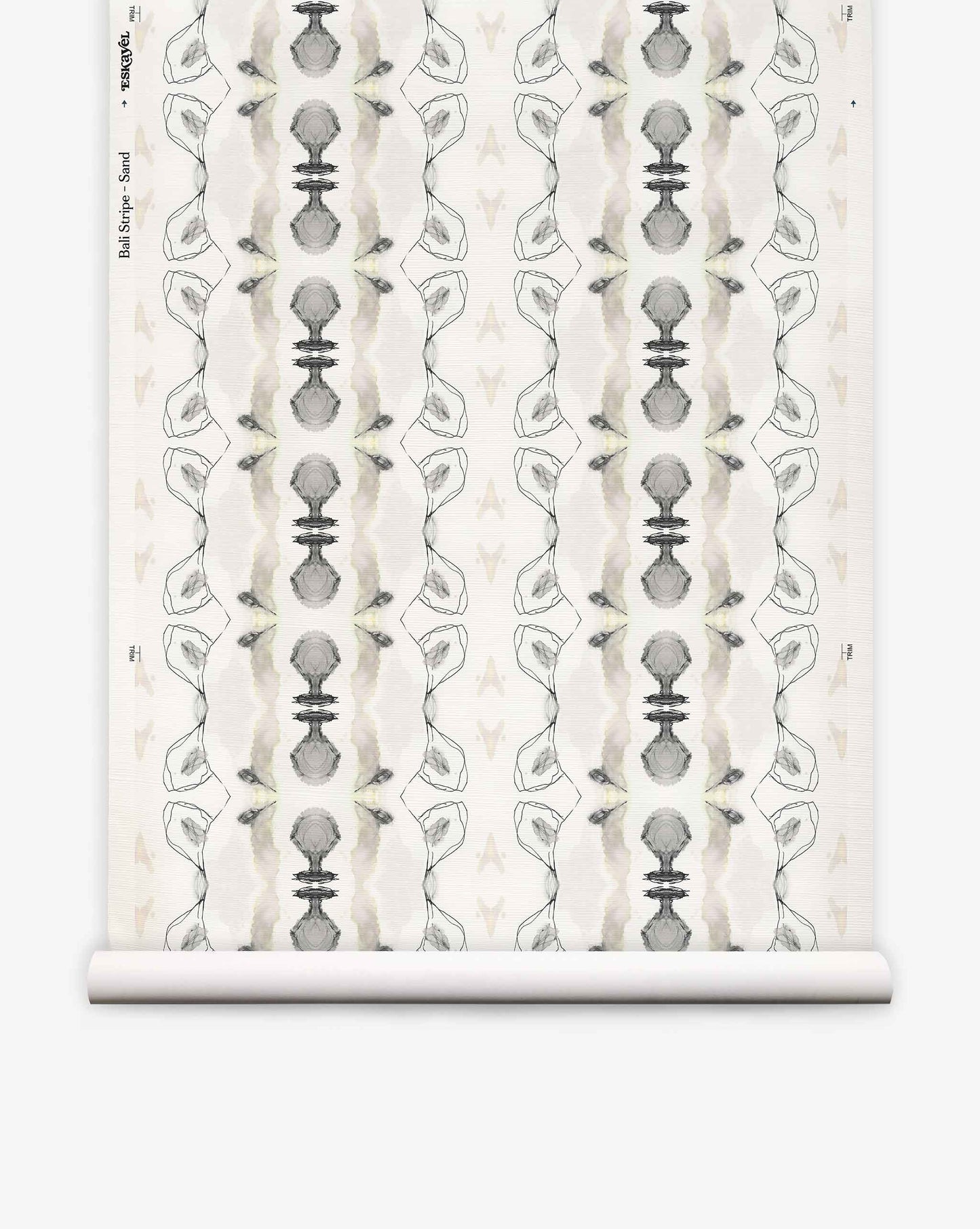 Bali Stripe Grasscloth||Sand is a wallpaper roll featuring a repeating abstract pattern in soft gray, brown, and tan tones, with symmetrical, mirrored organic shapes and subtle line details for an elevated Bali-inspired aesthetic.