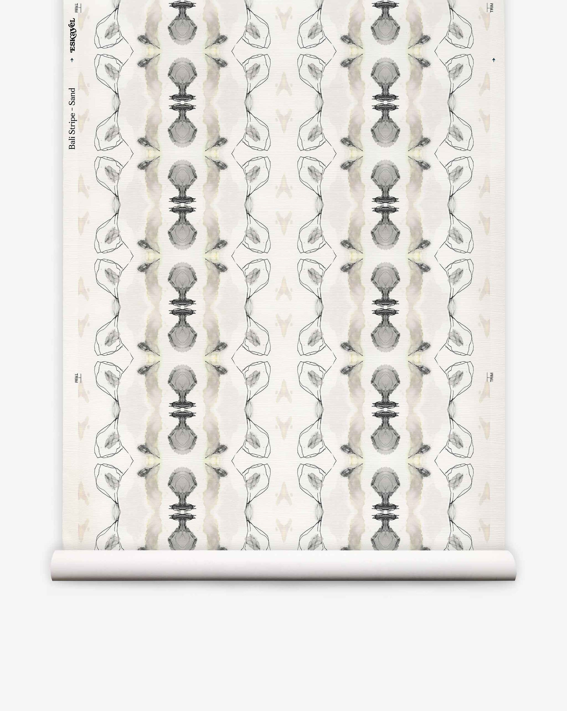 Bali Stripe Grasscloth||Sand is a wallpaper roll featuring a repeating abstract pattern in soft gray, brown, and tan tones, with symmetrical, mirrored organic shapes and subtle line details for an elevated Bali-inspired aesthetic.