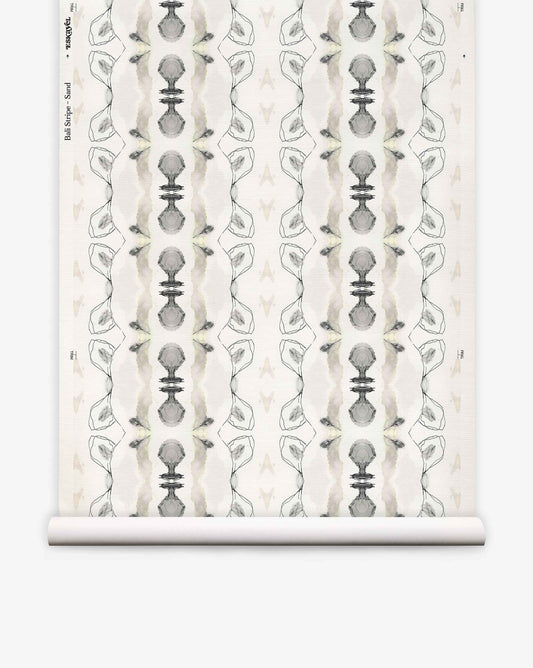 Bali Stripe Grasscloth||Sand is a wallpaper roll featuring a repeating abstract pattern in soft gray, brown, and tan tones, with symmetrical, mirrored organic shapes and subtle line details for an elevated Bali-inspired aesthetic.