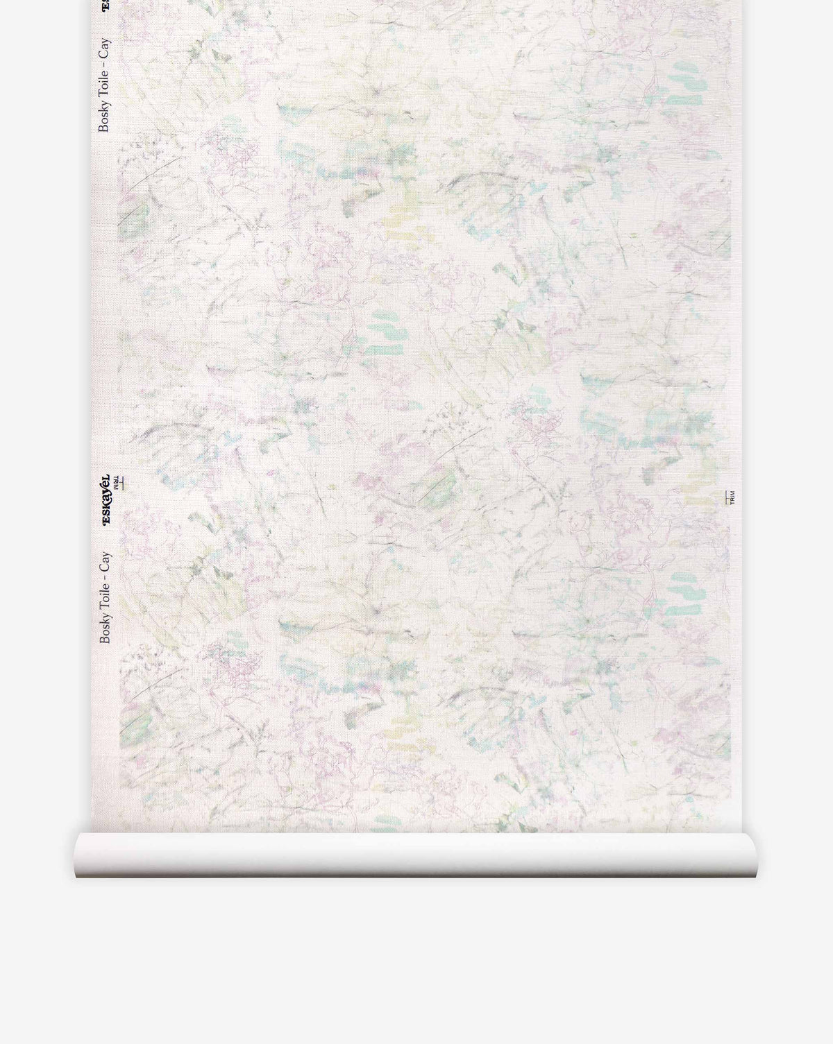 A roll of Bosky Toile Grasscloth in Cay, featuring an abstract, light-colored toile pattern in shades of soft green, purple, and gray.