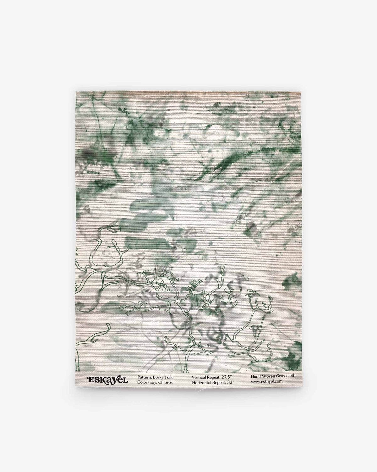 Bosky Toile Grasscloth in Chloros, a textured luxury sisal wallpaper featuring a green, watercolor-style toile pattern of stylized tree branches and foliage.