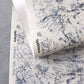 Bosky Toile Grasscloth||Midnight fabric swatch featuring a blue and white forest toile watercolor wallpaper pattern on an off-white background.