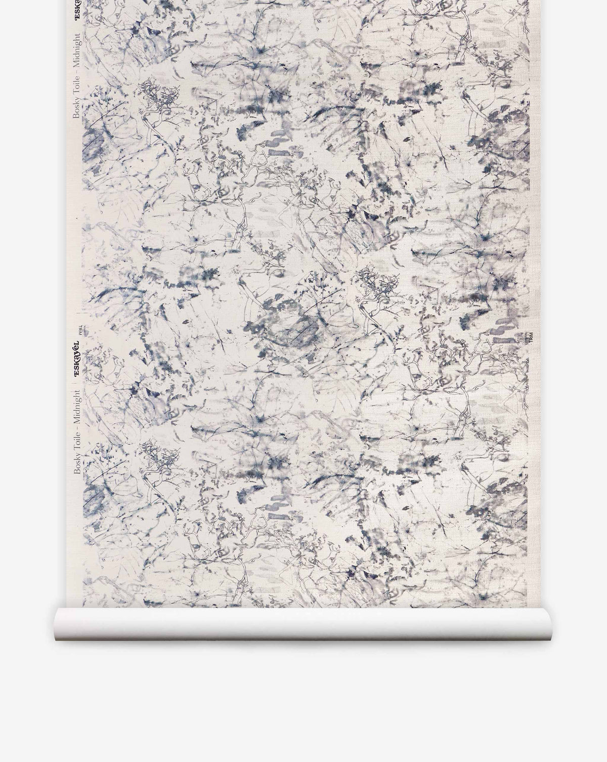 Bosky Toile Grasscloth in Midnight, featuring a dark blue ink-wash pattern of scattered trees and branches on a textured light watercolor wallpaper.