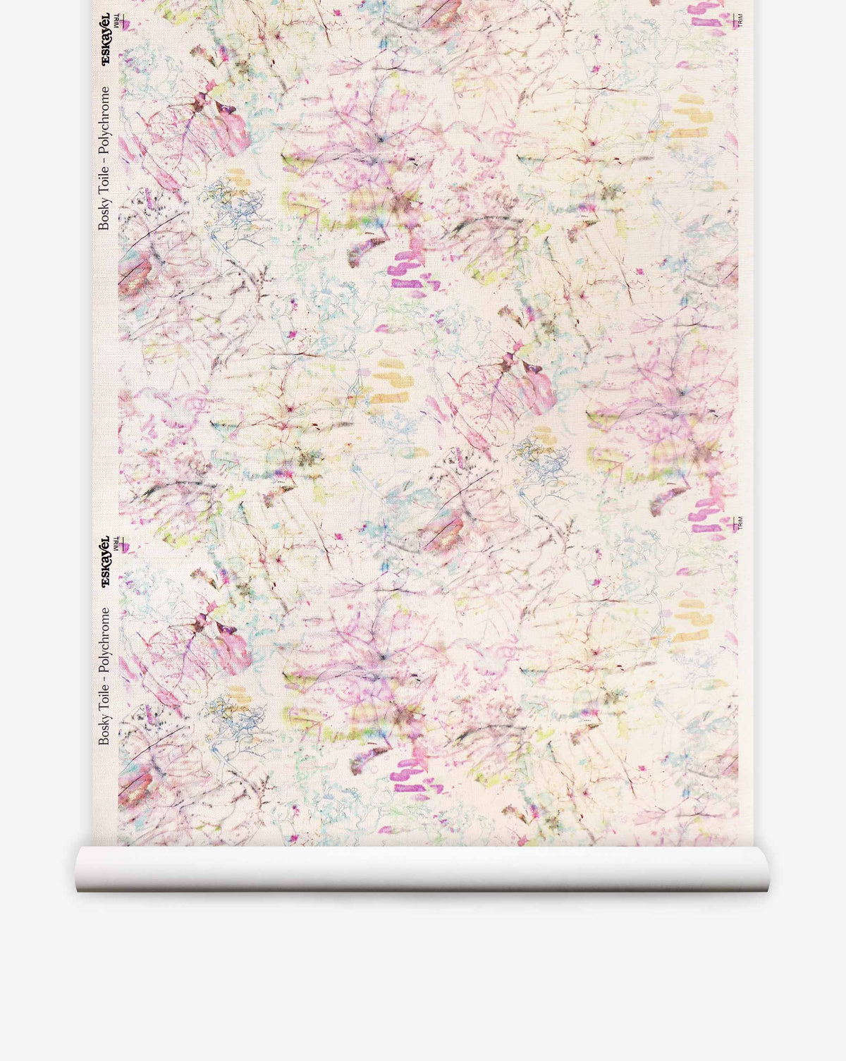 Bosky Toile Grasscloth||Polychrome luxury watercolor wallpaper featuring abstract painterly splashes and fine, sprawling branches in pink, blue, and yellow on a cream-colored textured background.