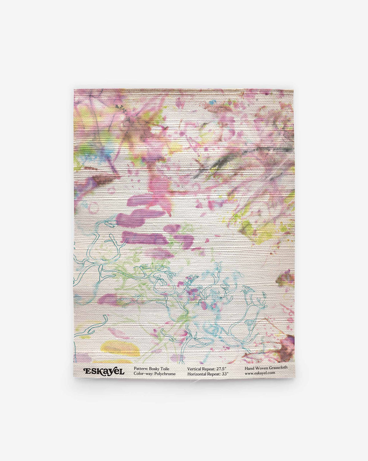 A sample of Bosky Toile Grasscloth||Polychrome luxury sisal wallpaper featuring a multicolored abstract floral and vine pattern.