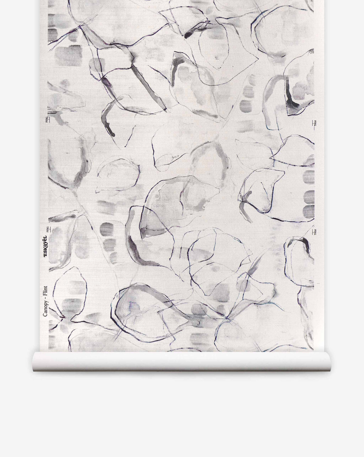 Canopy Grasscloth||Flint wallpaper featuring a pattern of abstract, dark grey organic leaf shapes on a light grey textured background.