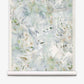 A roll of Cortile Grasscloth||Aqua wallpaper featuring a light abstract floral pattern with watercolor-like shades of white, grey, and soft green on a white background.
