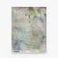 A square textile titled “Cortile Grasscloth||Aqua” features a light, abstract watercolor pattern in white, green, and blue hues that evoke the serene beauty of an Italianate garden. The label at the bottom displays the brand and product name in black text.