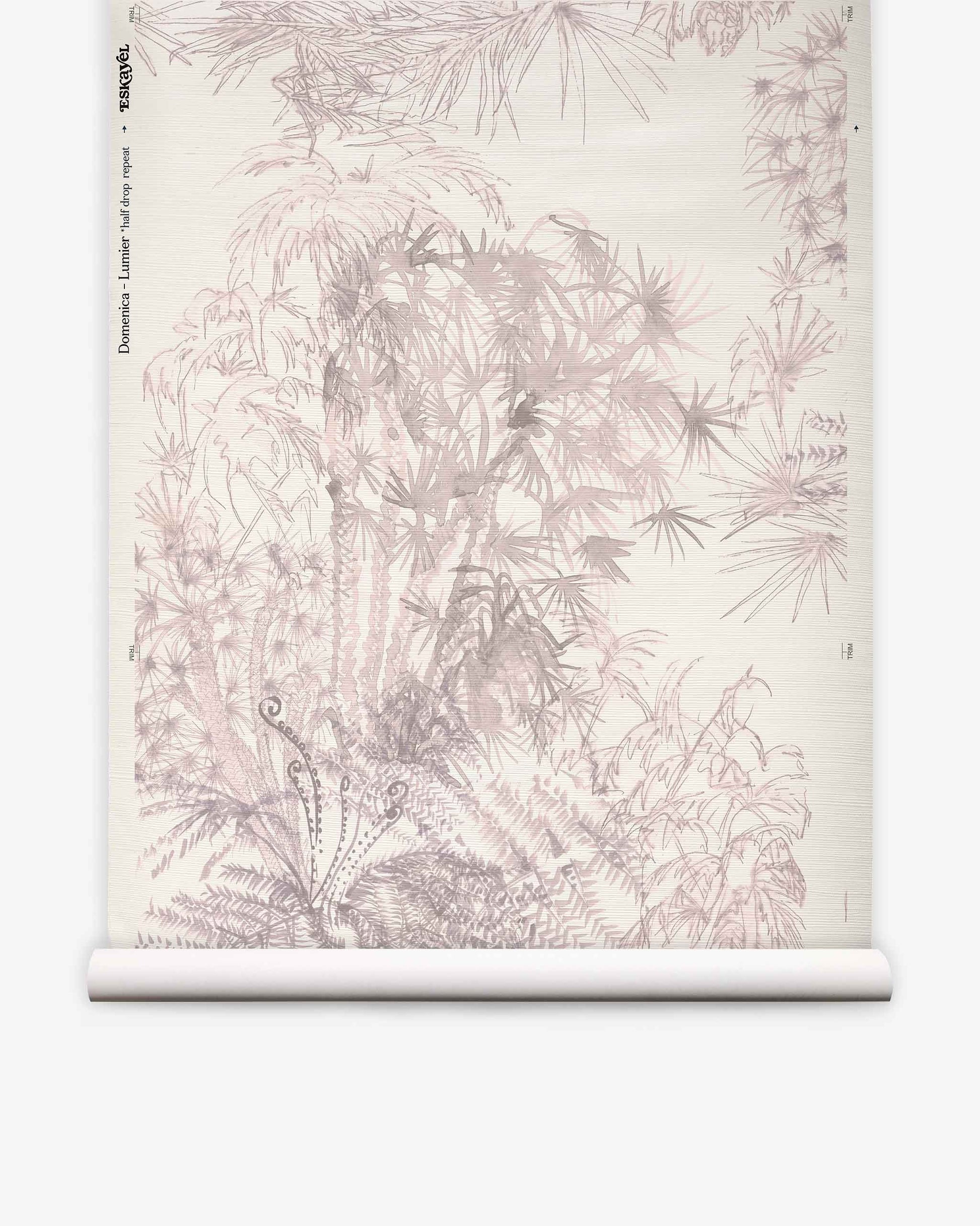 A roll of Domenica Grasscloth||Lumier wallpaper features a light beige background adorned with delicate, intricate botanical illustrations in pale purple hues. Inspired by the timeless Domenica pattern from the Salentu Collection, this design captures the elegant texture of grasscloth while introducing a fresh, modern botanical touch.
