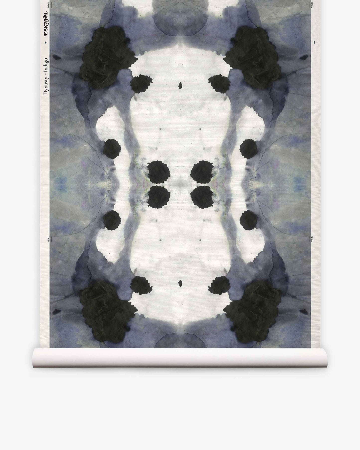 Dynasty Grasscloth||Indigo features a symmetrical abstract inkblot pattern in black, gray, and indigo blue, displayed on a vertical scroll against a white background—an eye-catching design perfect as an abstract wallpaper or a striking statement indigo wallpaper.