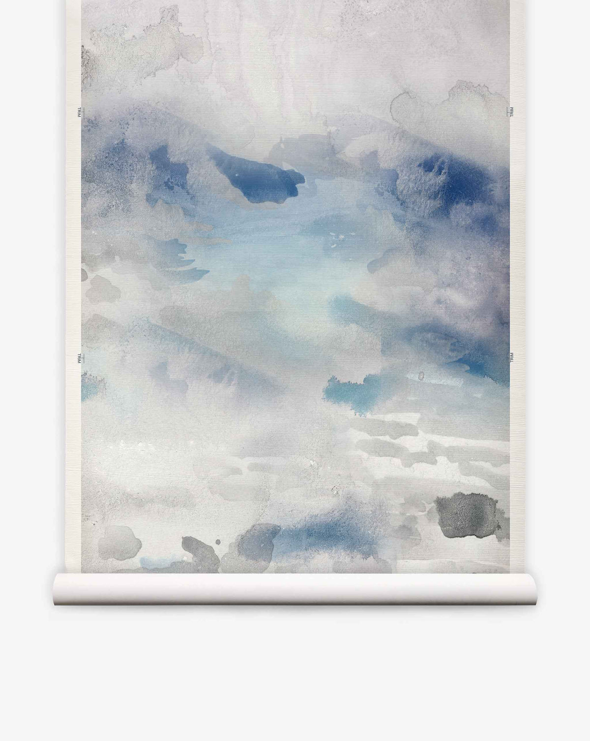 Empyrean Grasscloth Mural||Air displayed against a white background, showcasing abstract watercolor brushstrokes in soft blue, gray, and white tones that evoke calm sophistication.