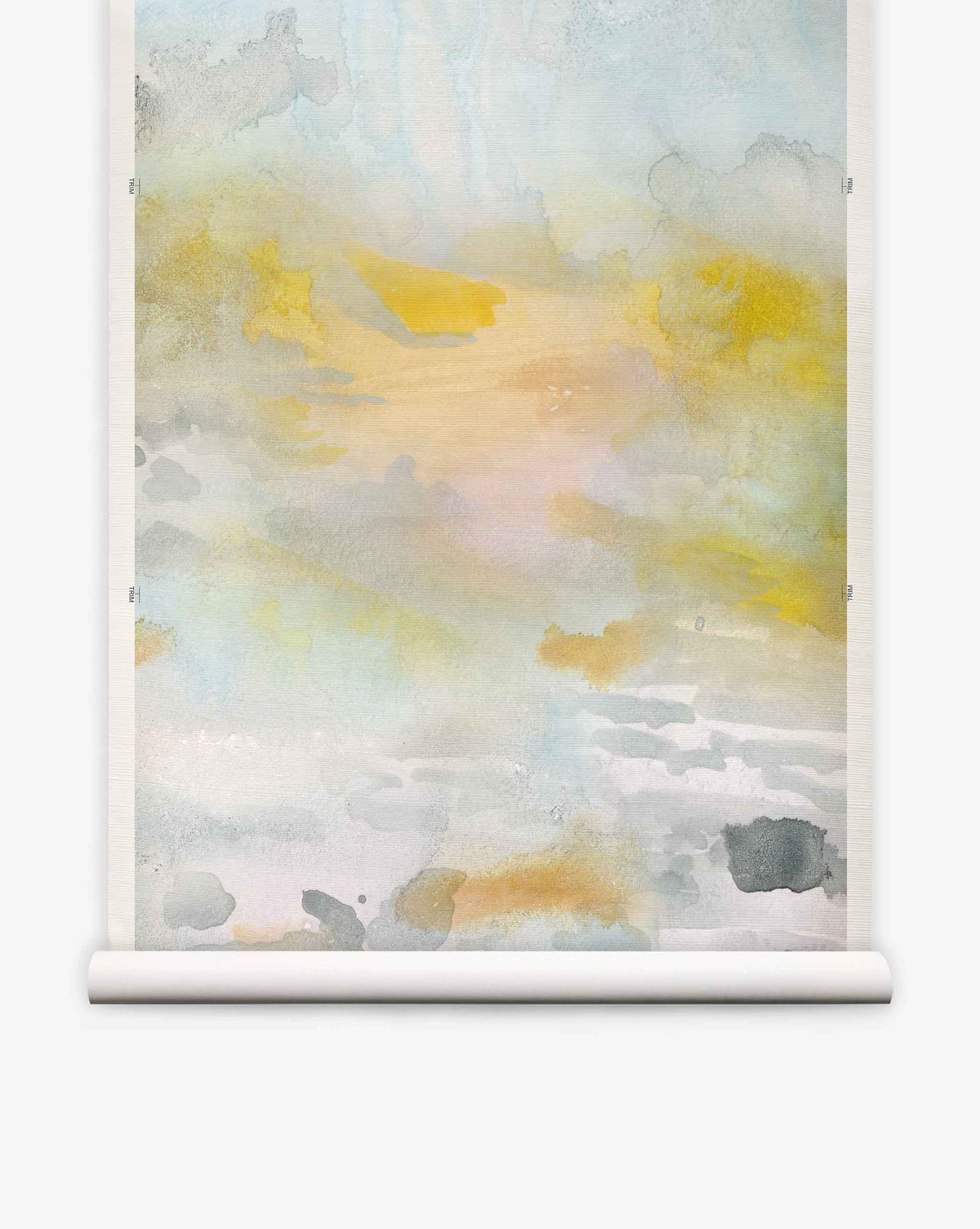 Empyrean Grasscloth Mural Dawn features soft yellow, gray, and blue shades blended in an abstract watercolor style, mounted on a white scroll hanger against a plain background—this piece captures the refined allure of a luxury mural and presents an elegant alternative to traditional watercolor wall coverings.