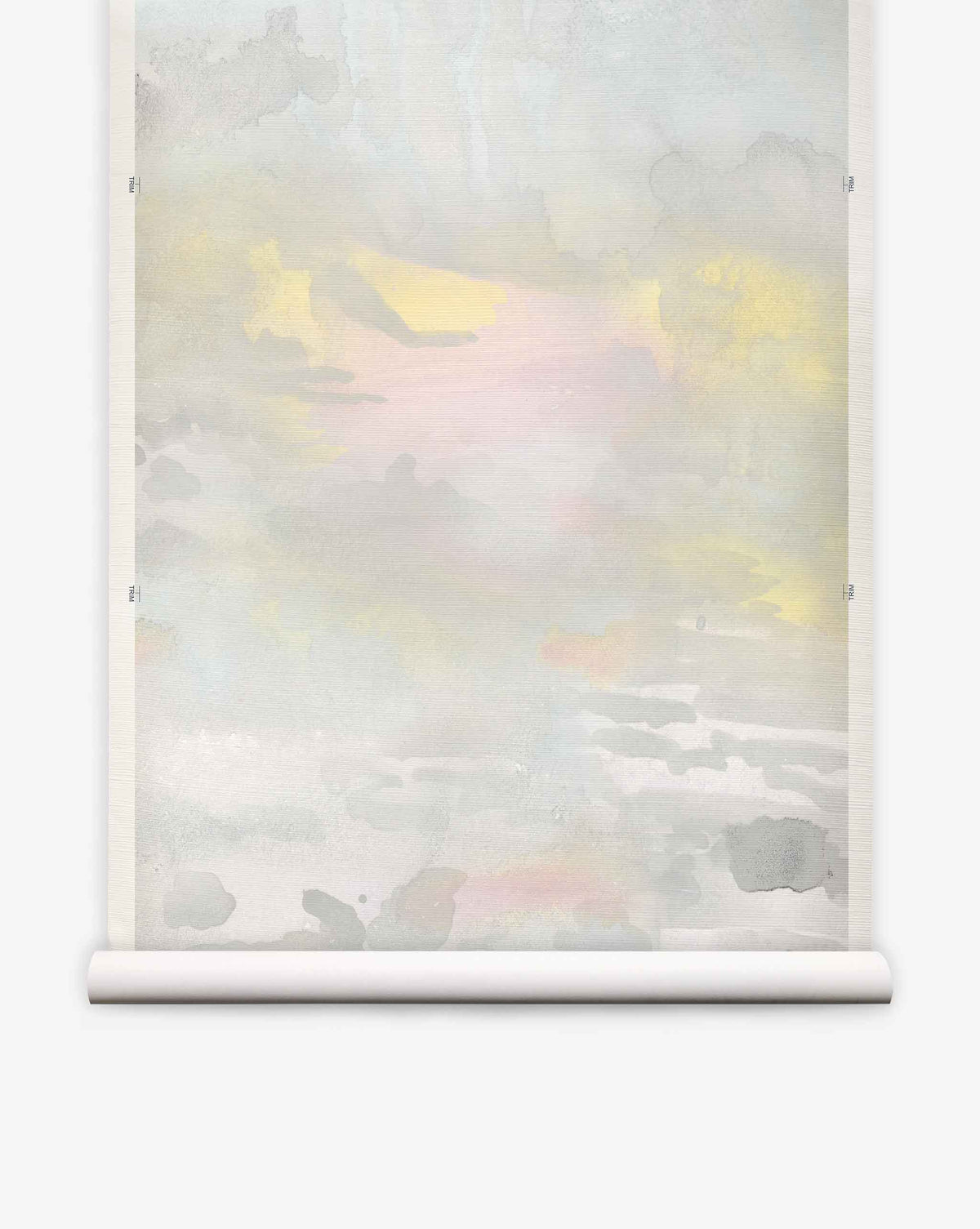 Empyrean Grasscloth Mural || Dusk: This wall scroll showcases a subtle watercolor landscape in pastel tones of yellow, pink, and gray, reminiscent of a delicate mural. Hung against a plain white background, it’s perfect for adding tranquil elegance to luxury spaces.