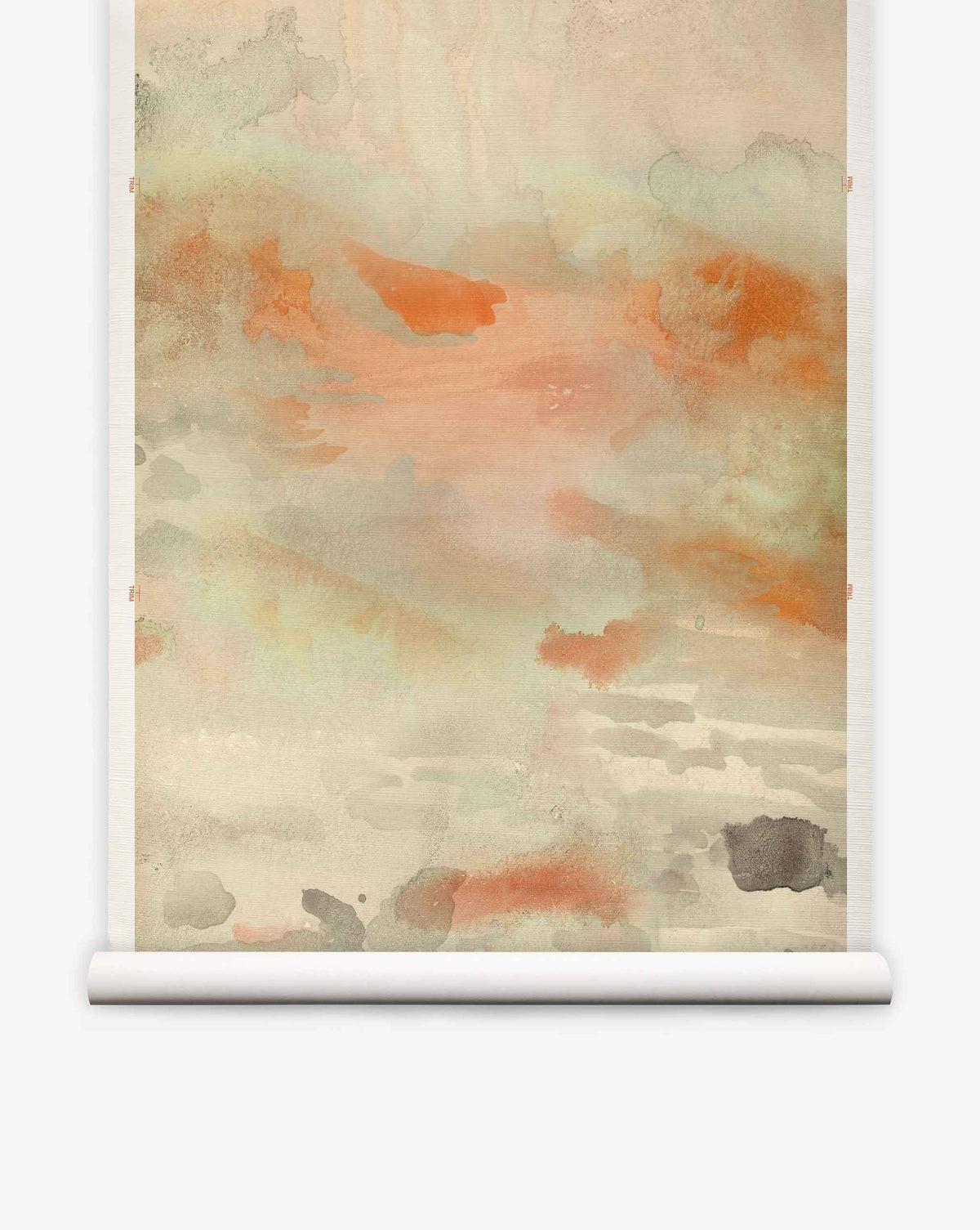 Empyrean Grasscloth Mural||Sol features an abstract watercolor composition in gentle orange, green, and beige hues with softly blended brushstrokes, presented on a white scroll that mimics the texture of handwoven grasscloth for a sophisticated, luxury mural aesthetic.