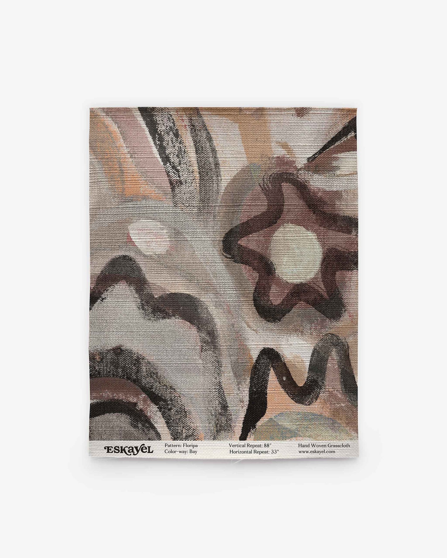 Floripa Grasscloth||Bay woven rug showcases curved, wavy, and circular shapes in understated pink, brown, black, and beige hues—evoking the relaxed flow of surf culture wallpaper. Brand and product information are displayed at the bottom.