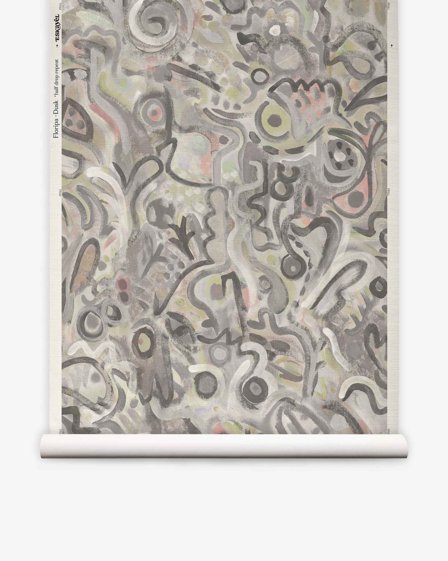 Featuring swirling, organic shapes in muted tones of gray, beige, and pale pink, Floripa Grasscloth||Dusk is an abstract composition of lines, dots, and curves—densely layered to evoke the subtle textures of grasscloth wallpaper and inspired by the tranquil moods of Florianopolis.