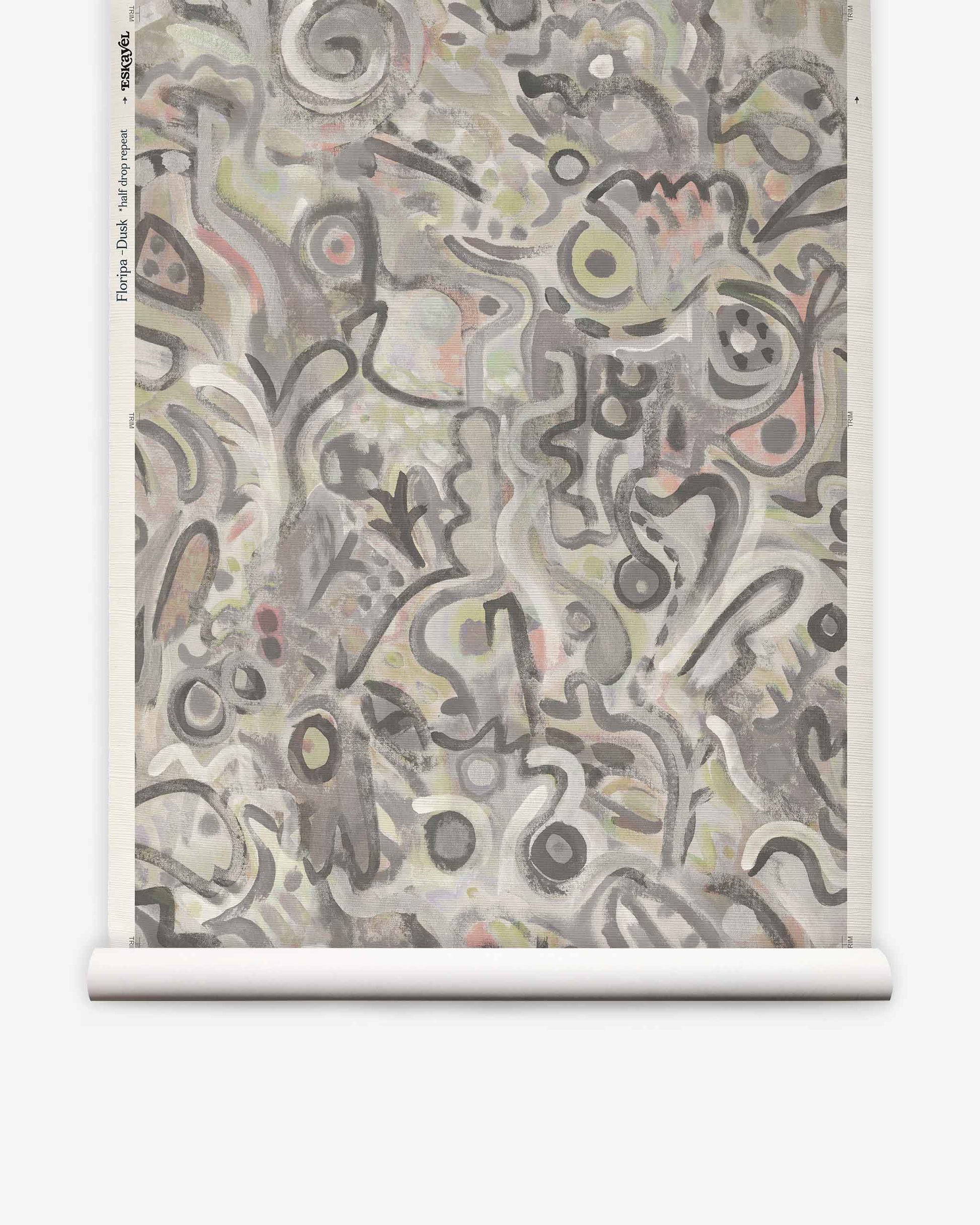 Featuring swirling, organic shapes in muted tones of gray, beige, and pale pink, Floripa Grasscloth||Dusk is an abstract composition of lines, dots, and curves—densely layered to evoke the subtle textures of grasscloth wallpaper and inspired by the tranquil moods of Florianopolis.