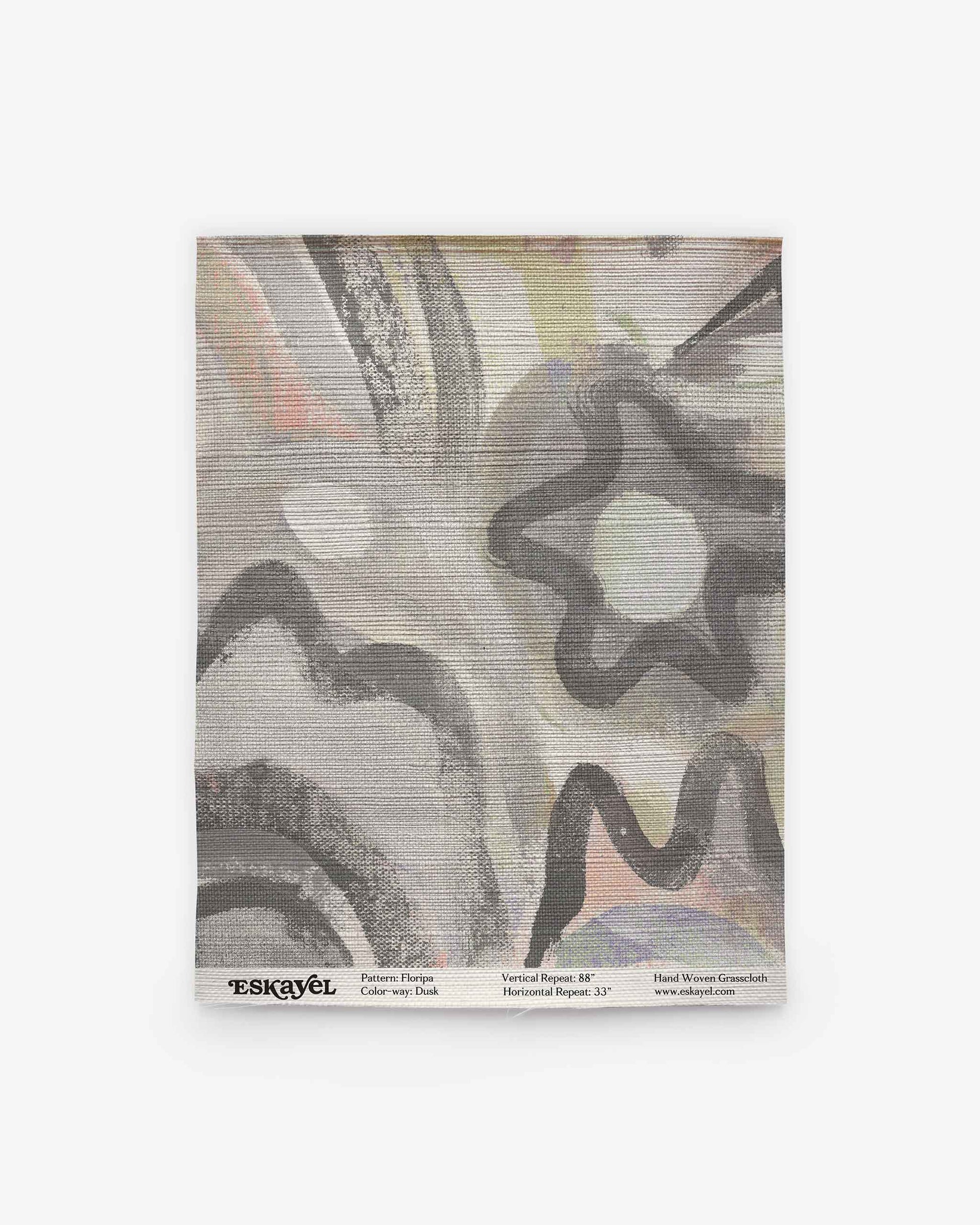 Square textile featuring abstract black, gray, and white patterns with arches and star motifs, reminiscent of Florianopolis-inspired design. “Floripa Grasscloth||Dusk” branding and product details are printed along the bottom edge.